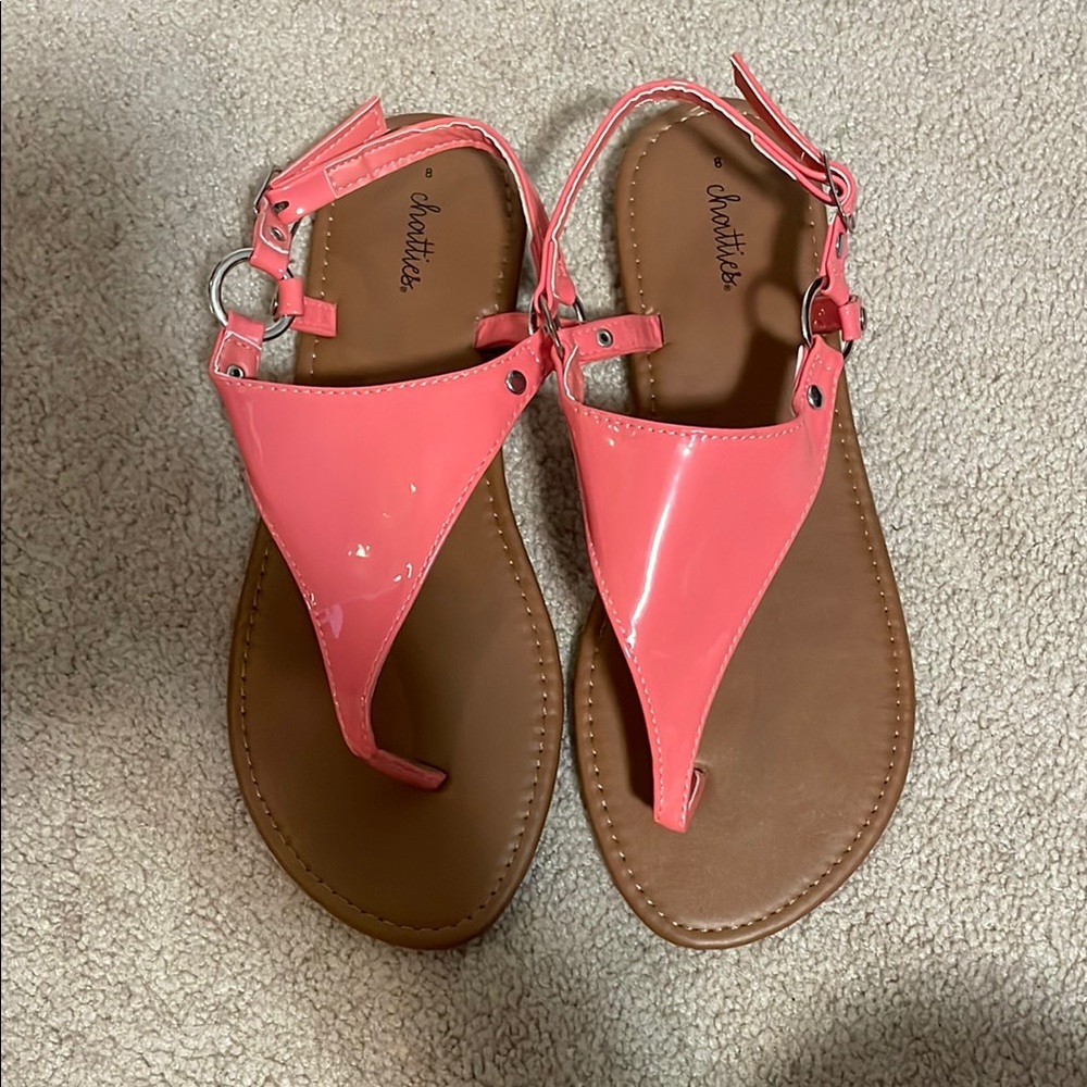 Chatties Pink T-Strap Sandals with Brown Footbed